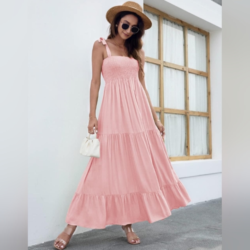 Pink Midi Tiered Dress Shoulder Ties Flowy Bohemian Smocked Tie Maxi Vacation